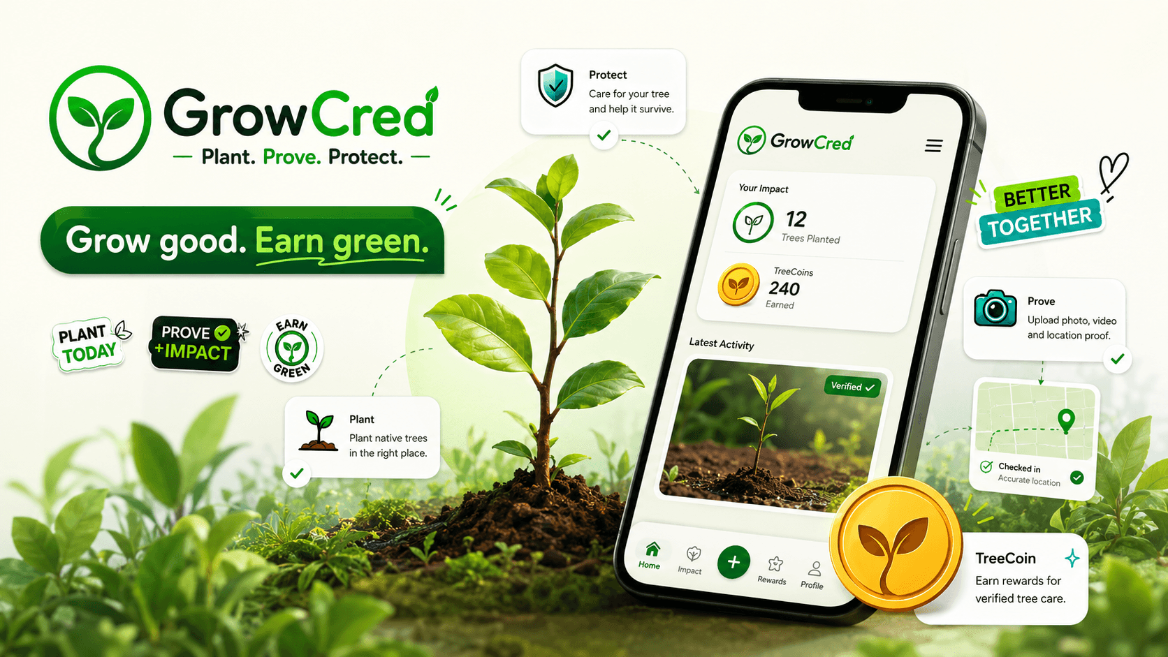 GrowCred app preview showing tree proof, verified care, and TreeCoin rewards