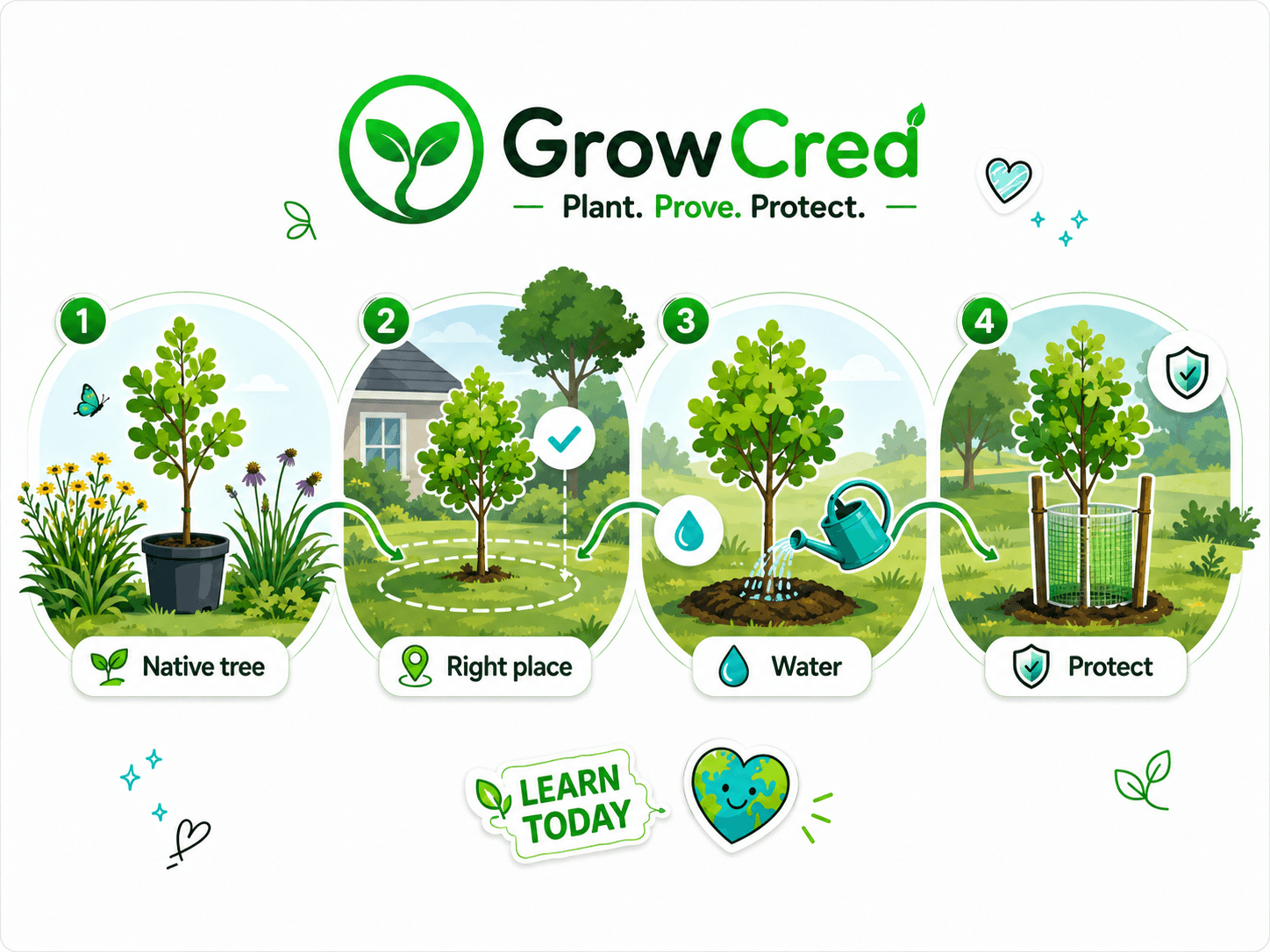GrowCred tree care guide visual for native planting and survival care
