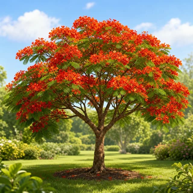 Flowering gulmohar tree in a bright garden