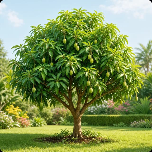 Healthy mango tree in a bright garden